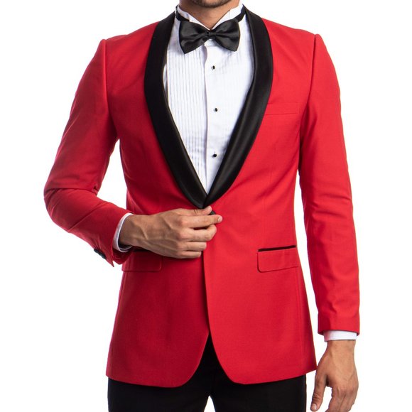 Luxurious Bright Red Tuxedo Blazer Jacket, Black Shawl Lapel by Tazio - Picture 1 of 5